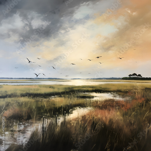 Tranquil salt marsh at sunset: A serene landscape with birds soaring