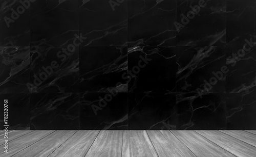 background for photo studio with white grey wooden floor and black marble wall tile. empty marble wall room studio background and wood floor perspective, well editing montage for product displayed.