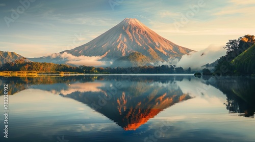 Volcanic Mountain in morning light reflects infront of a sea photo