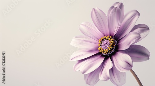 A beautiful flower in full bloom against a soft  neutral background. The petals are a delicate shade of pink  with a yellow center.