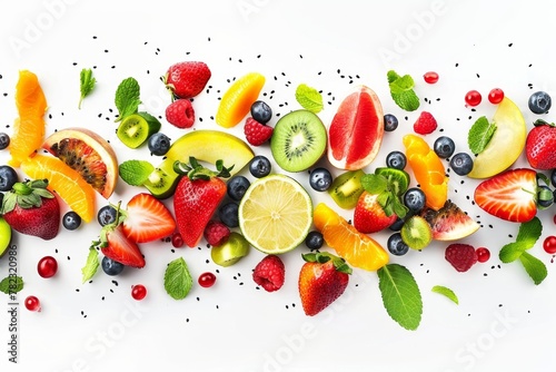 Fruit salad and berries on white table