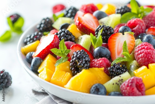 Fruit salad with cream in a wooden bowl