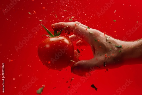Dramatic image of a hand catching a ripe tomato with splashing water droplets on a vibrant red background. Hand Catching Tomato with Splashing Water Droplets © Оксана Олейник