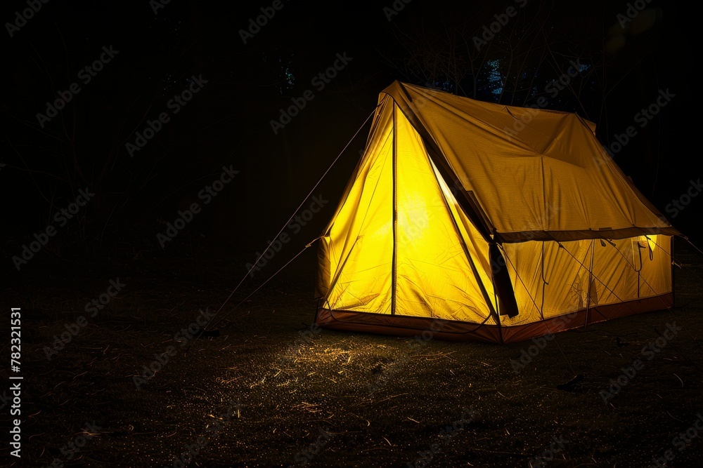 Glowing yellow tent in darkness