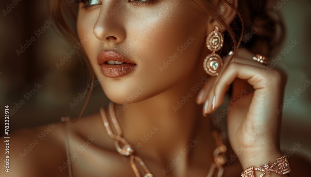 Gorgeous girl adorned with necklace earrings and bracelet