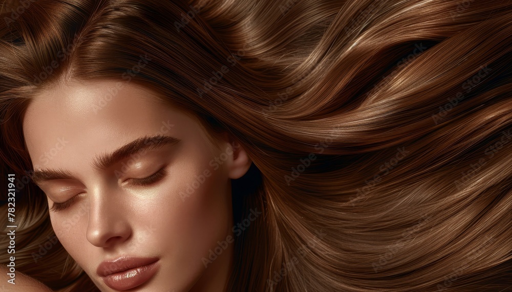 Obraz premium Gorgeous girl with sleek lengthy brunette hair Hair care and beauty products