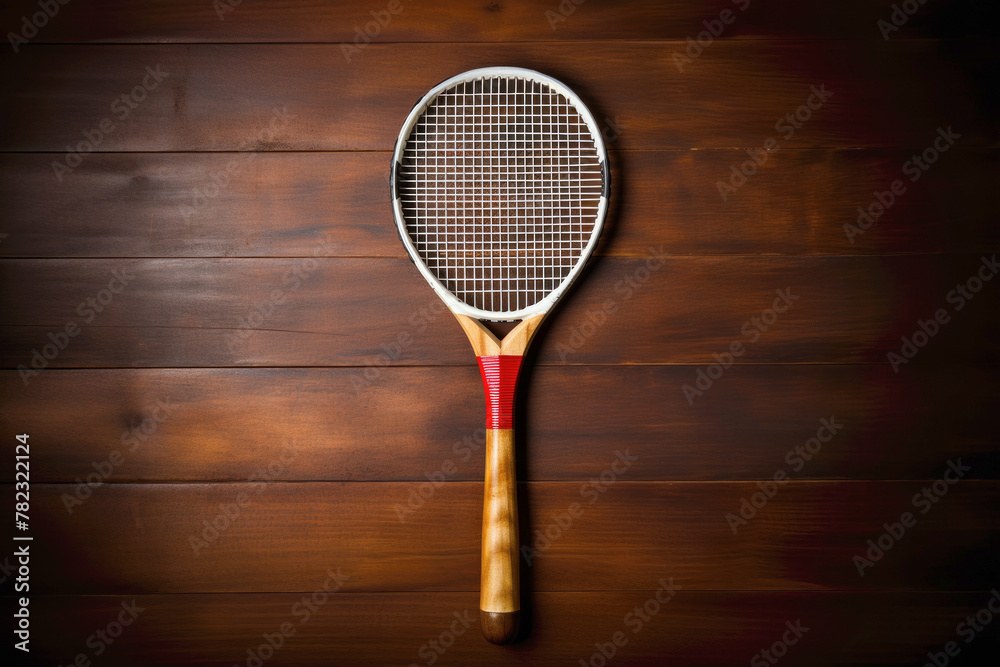Fototapeta premium tennis racket with white strings rests on a wooden surface.