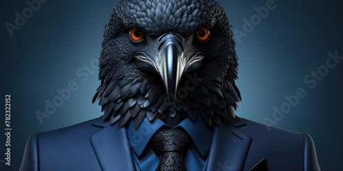 serious black eagle in a strict business suit, tie on a blue background