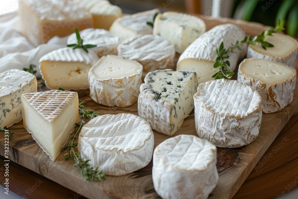 Great variety of goat cheese on wooden platter