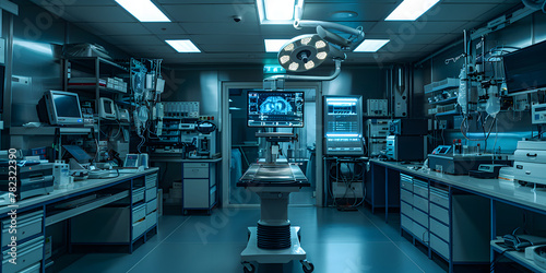 wide angle photo of dark lab with large white diagnostic instruments © xavmir2020