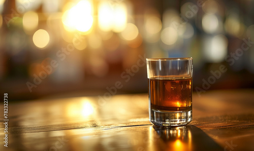 A shot glass of Whiskey on the bar table