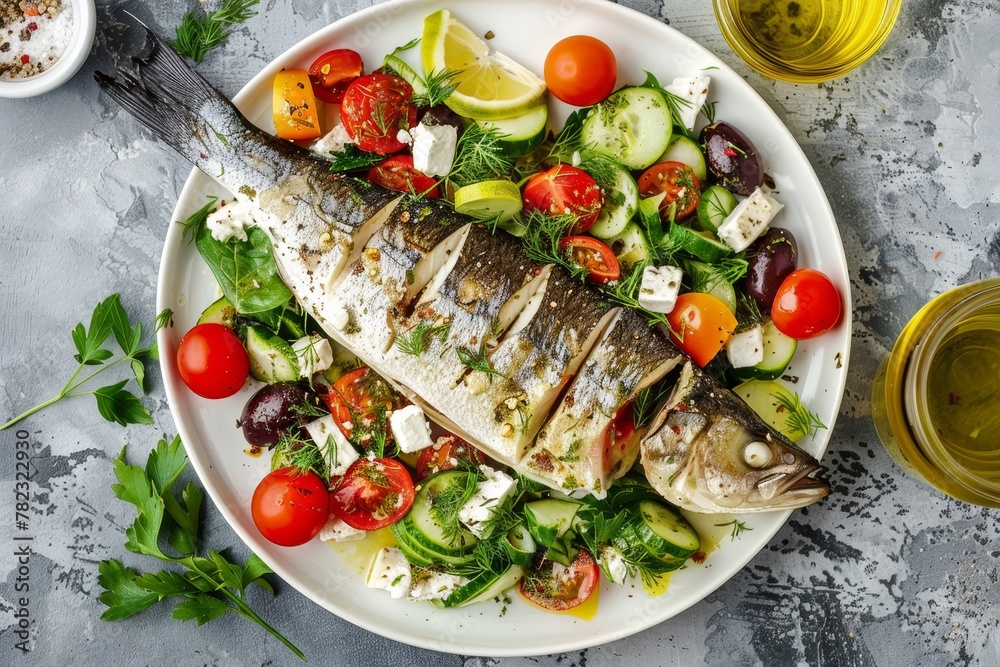 Greek salad topped with baked seabass viewed from above Greek salad topped with baked seabass viewed from above
