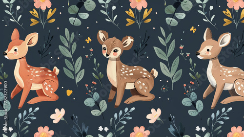 seamless pattern with deer and flowers