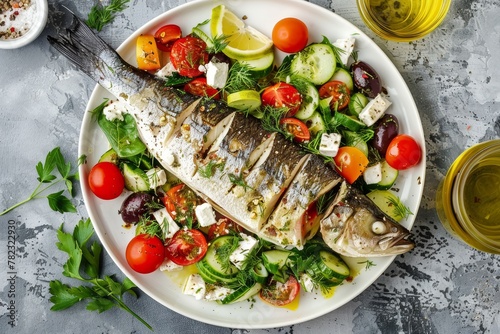 Greek salad topped with baked seabass viewed from above