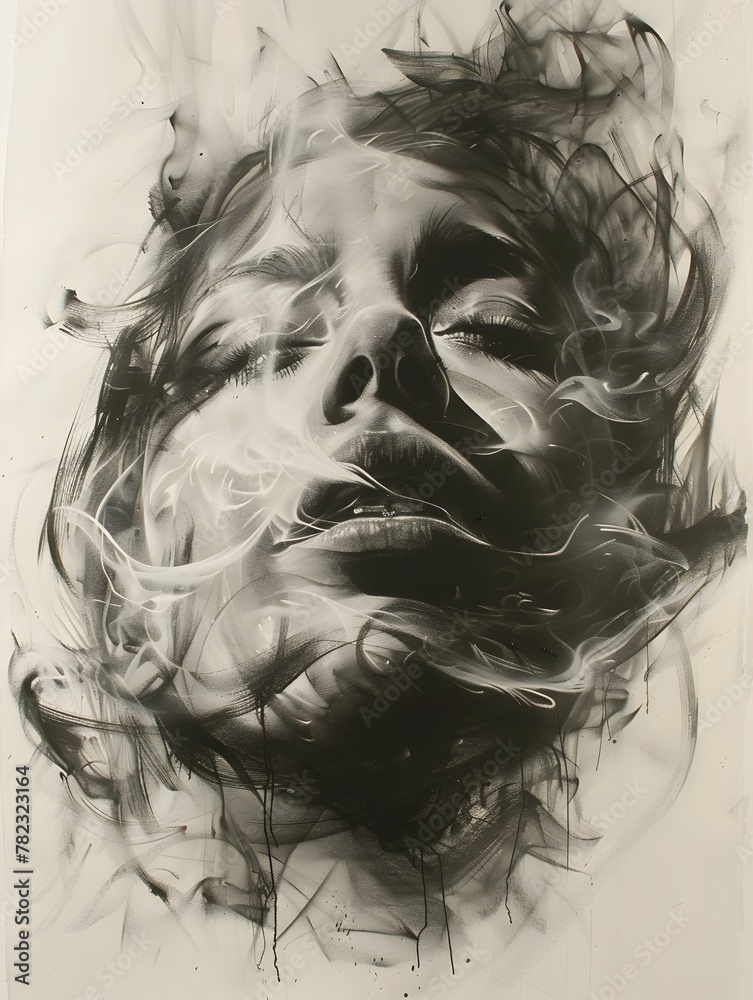 Captivating Charcoal Portrait Emerging from Ethereal Smoke on Gritty Graffiti Wall Captivating Charcoal Portrait Emerging from Ethereal Smoke on Gritty Graffiti Wall