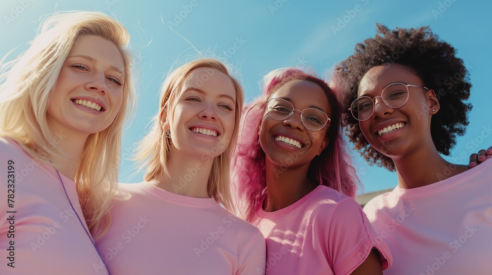 four diverse women wearing pink t-shirts adorned with cancer ribbons as they stand together, smiling under the clear blue sky on a sunny day, radiating hope and solidarity.