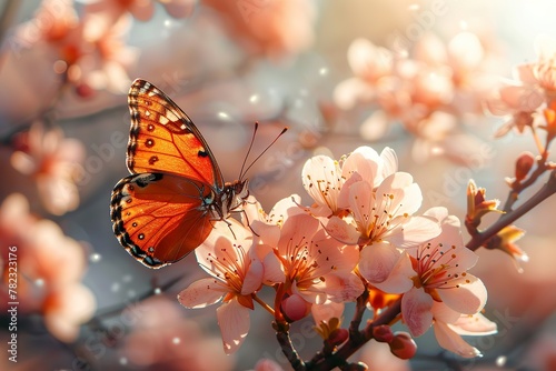 Beautiful spring nature background with butterfly, lovely blossom © krishnendu