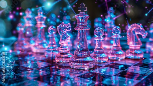 Chess encounter enhanced with neon blue lighting blending ancient game with modern tech plus copyspace