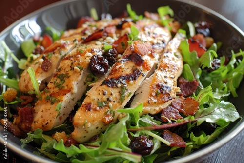 Grilled chicken salad with bacon and cherries