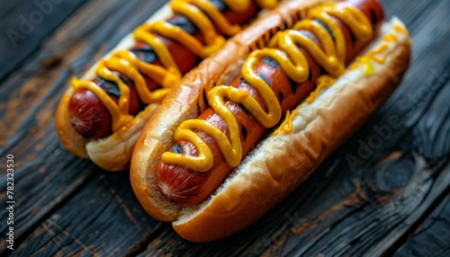 Grilled hot dogs with mustard on a wooden background