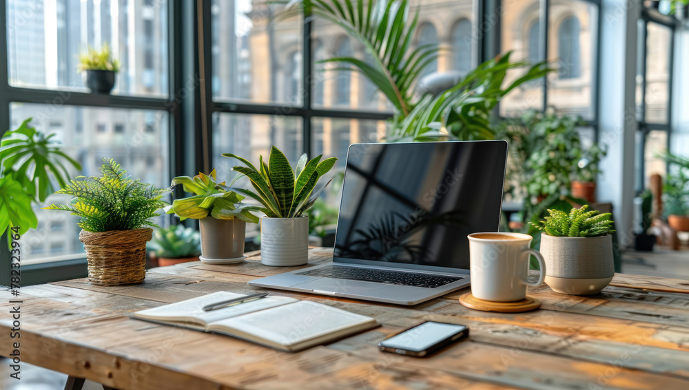Modern workspace with a sleek laptop surrounded by lush green plants on a wooden desk against urban city view, indicating productivity or work related activities. Modern workspace with a sleek laptop surrounded by lush green plants on a wooden desk against urban city view, indicating productivity or work related activities.