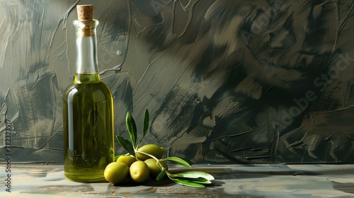 A close-up image of a bottle of olive oil and olives on a rustic wooden table. photo