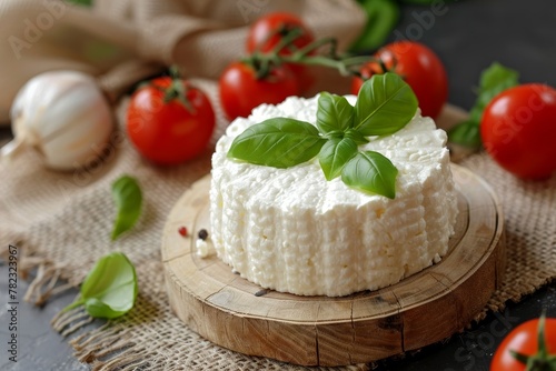 Handcrafted ricotta cheese with mold tomatoes basil Presented on wooden board
