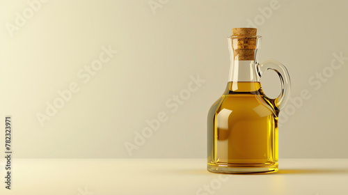 A beautiful close-up image of a glass bottle of olive oil. The bottle is sitting on a solid surface. The image is well-lit and the colors are vibrant.