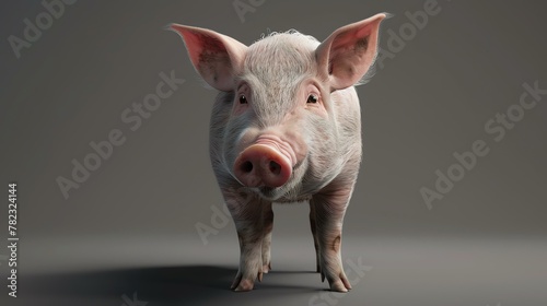 A cute and realistic 3D rendering of a pig. The pig is standing on a white background and looking at the camera.