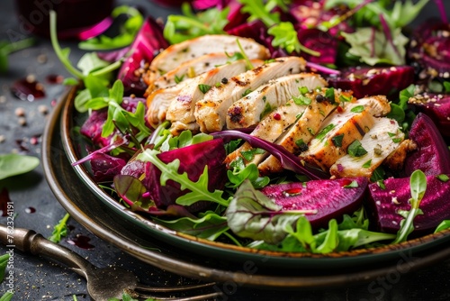 Healthy beetroot salad with grilled chicken and greens