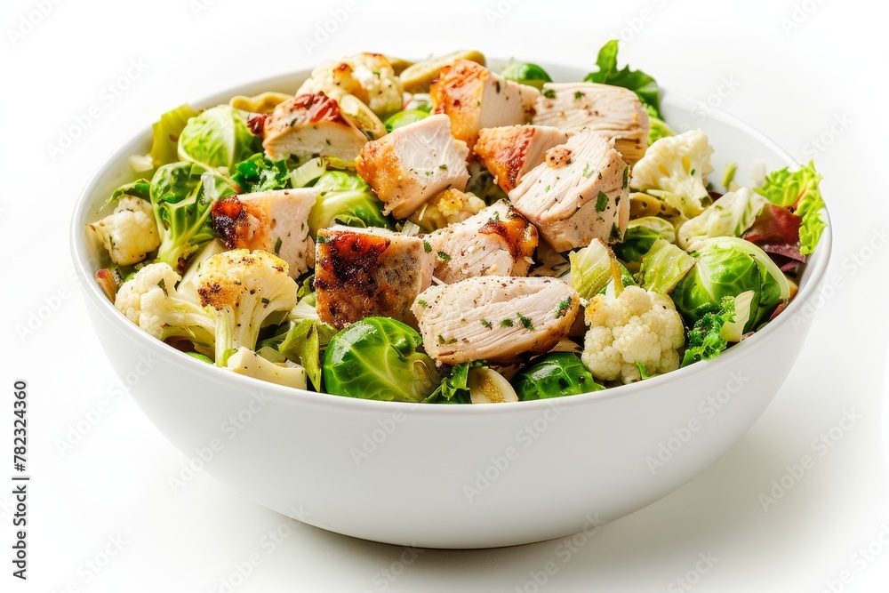 Healthy Caesar salad with chicken brussel sprouts and cauliflower in a white bowl photographed from the front Healthy Caesar salad with chicken brussel sprouts and cauliflower in a white bowl photographed from the front