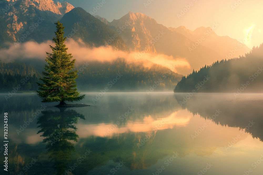 Calm waters of a serene lake reflecting a single tree and the misty mountains in a breathtaking landscape Calm waters of a serene lake reflecting a single tree and the misty mountains in a breathtaking landscape