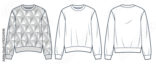  Sweatshirt technical fashion illustration, geometric design. Sweater fashion flat technical drawing template, relaxed fit, front and back view, white, gray, women, men, unisex Top CAD mockup set.