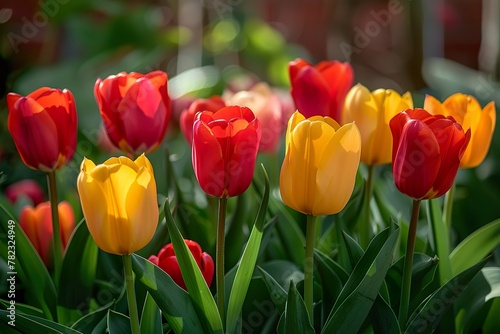 Beautiful red and yellow tulips in a spring garden.