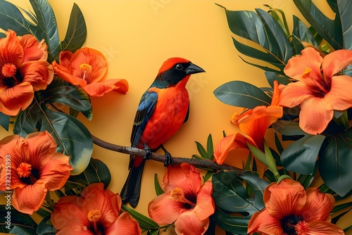 Vibrant Bird Amongst Orange Blooms on Golden Hue. Concept Nature Photography, Wildlife in Bloom, Color Contrast, Springtime Beauty, Avian Elegance © Anastasiia
