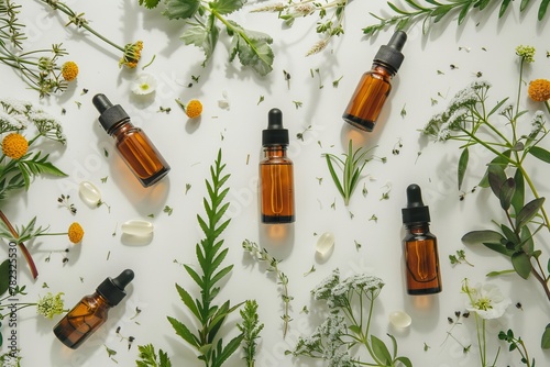 Herbs and essential oil bottles arranged creatively in a flat lay