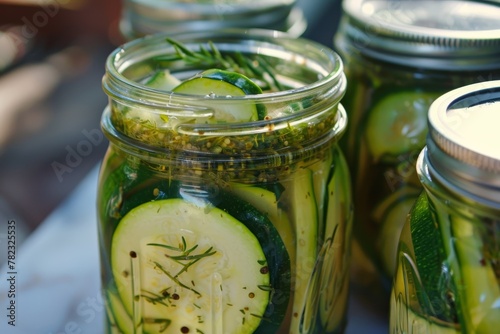 Herbed zucchini ready for pickling in jar photo