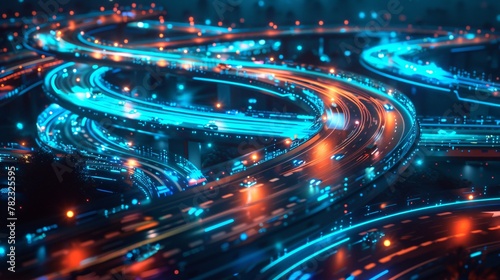 Digital transportation network illuminated by neon blue depicting the seamless flow of futuristic mobility photo