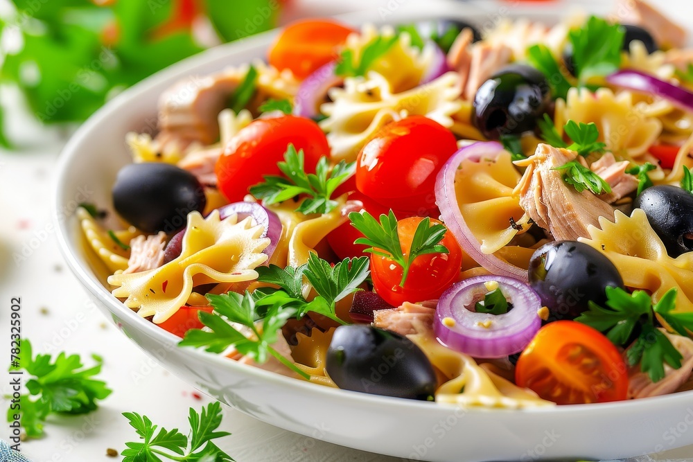Homemade farfalle salad with tuna olives tomatoes onion parsley Healthy and delicious dish Symbolic photo on white background Close up shot Homemade farfalle salad with tuna olives tomatoes onion parsley Healthy and delicious dish Symbolic photo on white background Close up shot