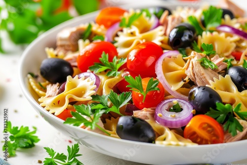 Homemade farfalle salad with tuna olives tomatoes onion parsley Healthy and delicious dish Symbolic photo on white background Close up shot