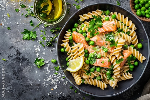 Homemade fusilli with salmon peas parmesan lemon Healthy