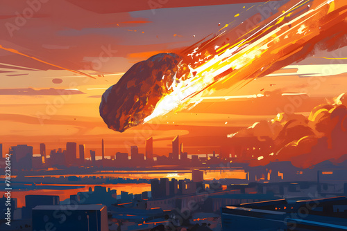 Illustration of meteor falling into the earth's atmosphere crash on the city building , Concept of disaster