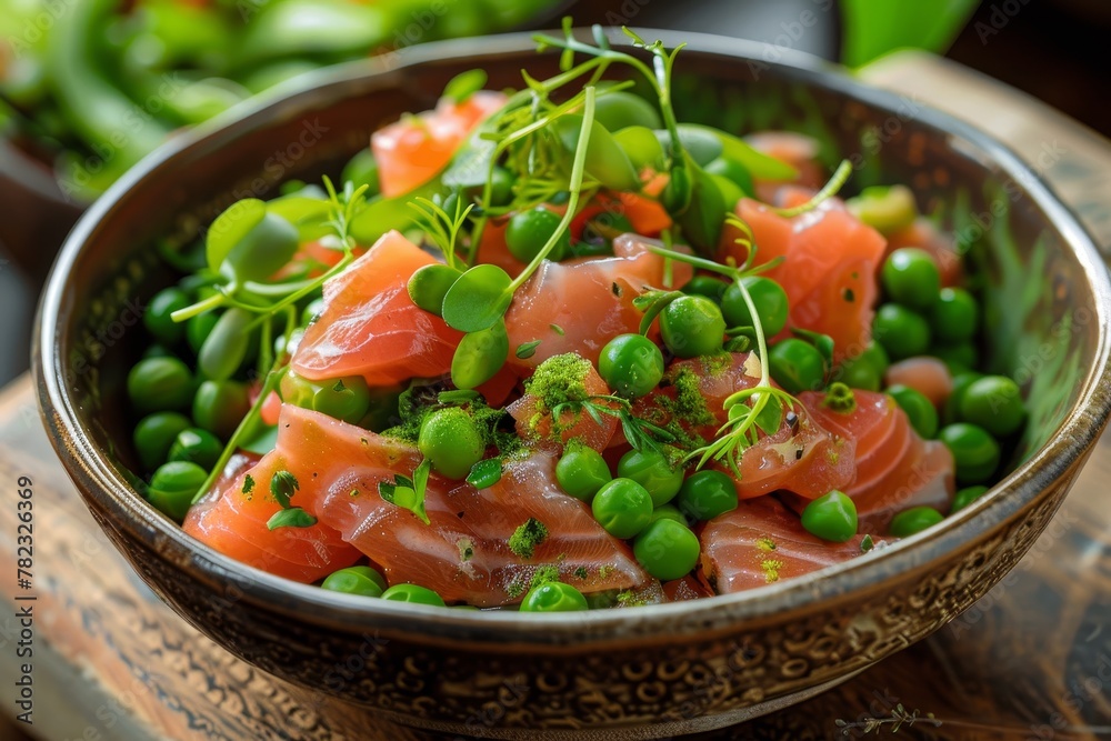 Homemade smoked salmon salad with peas Homemade smoked salmon salad with peas