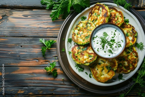 Homemade zucchini pancakes with herbs and yogurt on white plate Rustic style Top view photo