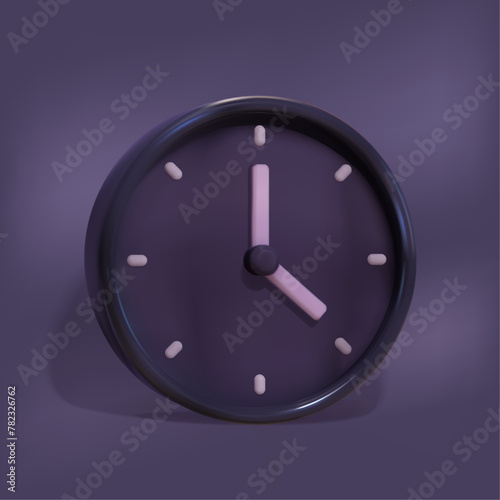 
Circular time icon, business concept. Translucent 3D black and purple clock, minimalist style, symbolizes time management. 