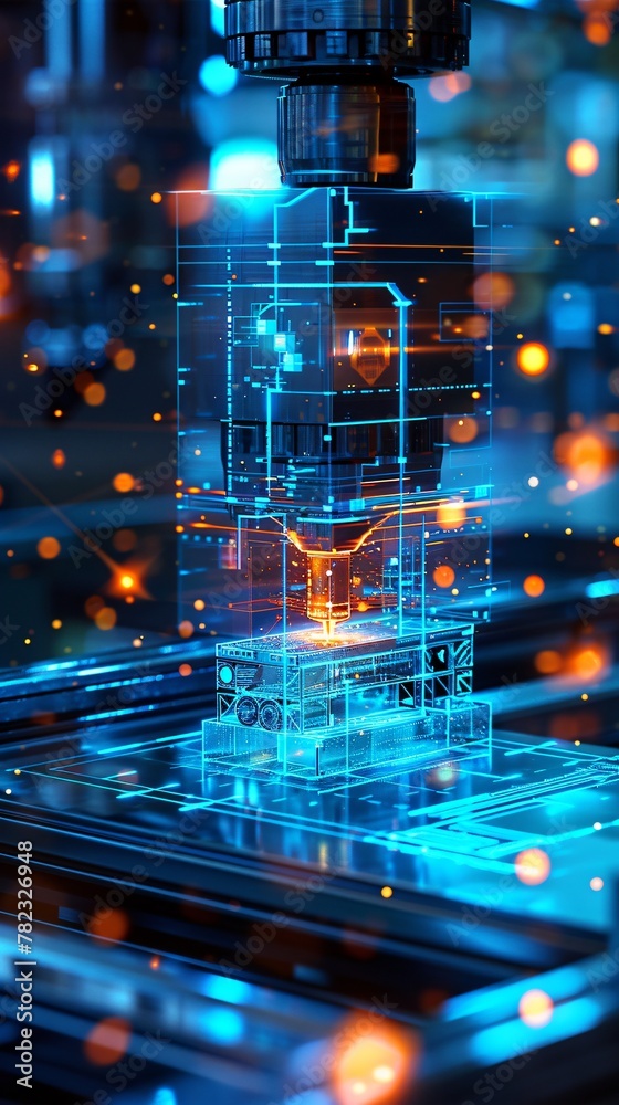 Factorys hologram emerging from a blueprint illustrating the merger of blue technology and manufacturing