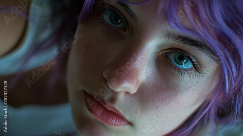 Zbliżenie na twarz kobiety o fioletowych włosach