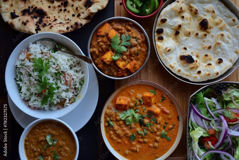 Indian lunch with paneer tikka dal makhani naan chutney and salad Indian lunch with paneer tikka dal makhani naan chutney and salad