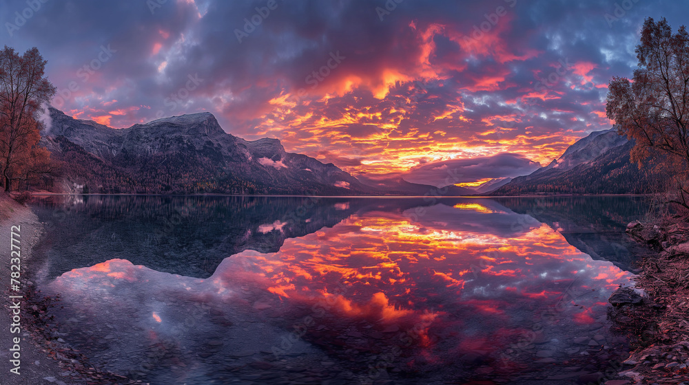 Fiery Sunset Reflections on a Mountain Lake Panorama