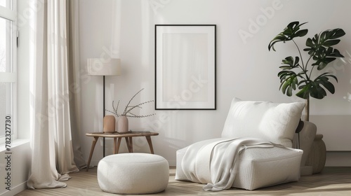 Mockup frame, single vertical ISO A paper size, reflective glass, mockup poster on the wall. Interior mockup. 3D rendering